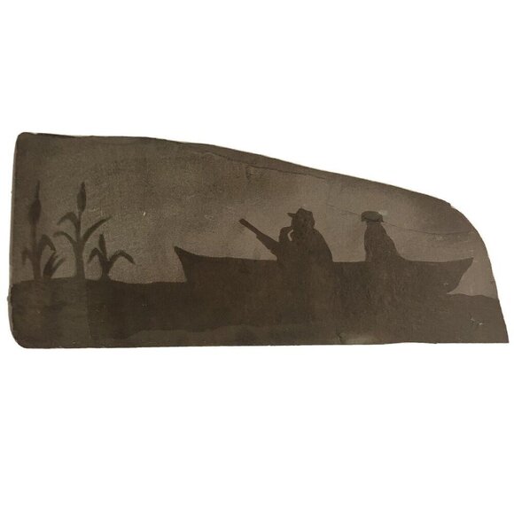 Handmade Other - 12"x6" Handcrafted Painted SLATE Silhouette Reeds Boat Hunters Original Art OOAK